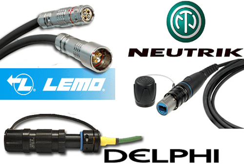 Delphi, LEMO, Neutrik OpticaCON logos
